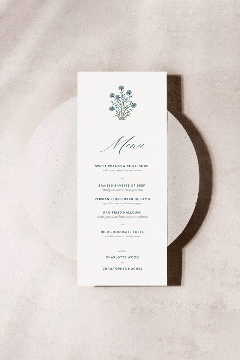 Indian blue floral motif wedding menu card. Sized to 4" x 9". Elegant design with modern typography. Plated menu card for events. Wedding ceremony, reception, sangeet, haldi, mehndi. Digital download and editable in Canva. 