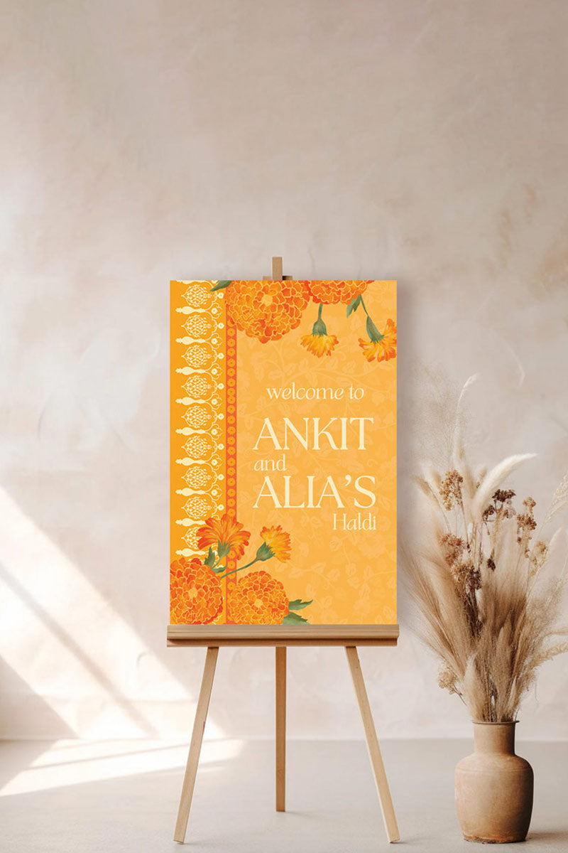 Floral Wedding Welcome Sign. Event Welcome Sign. Shades of Orange, yellow and beige. Orange magnolia florals. Baby Shower. Indian Wedding. Birthday and Celebration. Engagement Stationery. Wedding Stationery. DIY Stationery. Digital Download. Canva. Indian Weddings. Reception. Personalize. Customize. Anand Karaj, Mehndi, Sangeet, Haldi