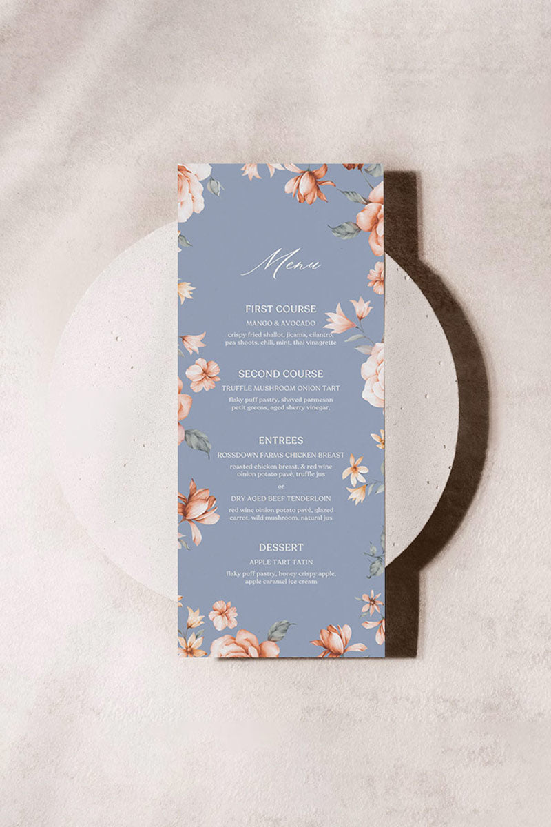 Floral Wedding Menu. Event Food Menu. Shades of Blue, orange and beige. Orange roses. Baby Shower. Indian Wedding. Birthday and Celebration. Engagement Stationery. Wedding Stationery. DIY Stationery. Digital Download. Canva. Indian Weddings. Reception. Personalize. Customize. Anand Karaj, Mehndi, Sangeet, Haldi