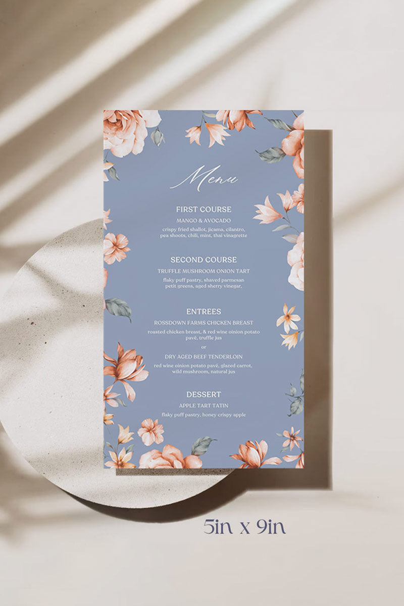 Floral Wedding Menu. Event Food Menu. Shades of Blue, orange and beige. Orange roses. Baby Shower. Indian Wedding. Birthday and Celebration. Engagement Stationery. Wedding Stationery. DIY Stationery. Digital Download. Canva. Indian Weddings. Reception. Personalize. Customize. Anand Karaj, Mehndi, Sangeet, Haldi