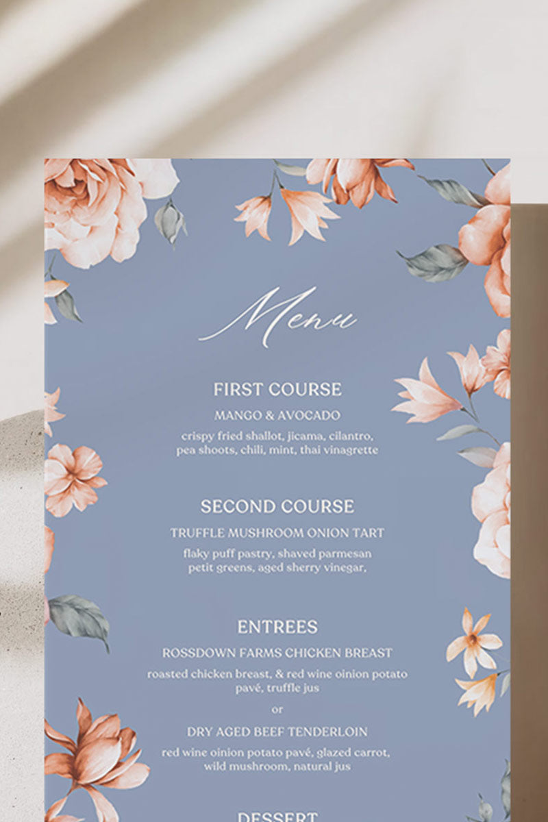 Floral Wedding Menu. Event Food Menu. Shades of Blue, orange and beige. Orange roses. Baby Shower. Indian Wedding. Birthday and Celebration. Engagement Stationery. Wedding Stationery. DIY Stationery. Digital Download. Canva. Indian Weddings. Reception. Personalize. Customize. Anand Karaj, Mehndi, Sangeet, Haldi