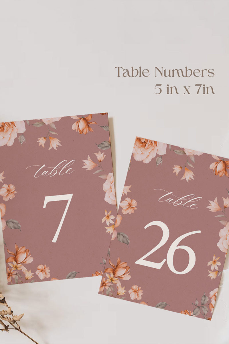 Floral Wedding Table Numbers. Event Table Numbers. Shades of Mauve, orange and beige. Orange roses. Baby Shower. Indian Wedding. Birthday and Celebration. Engagement Stationery. Wedding Stationery. DIY Stationery. Digital Download. Canva. Indian Weddings. Reception. Personalize. Customize. Anand Karaj, Mehndi, Sangeet, Haldi