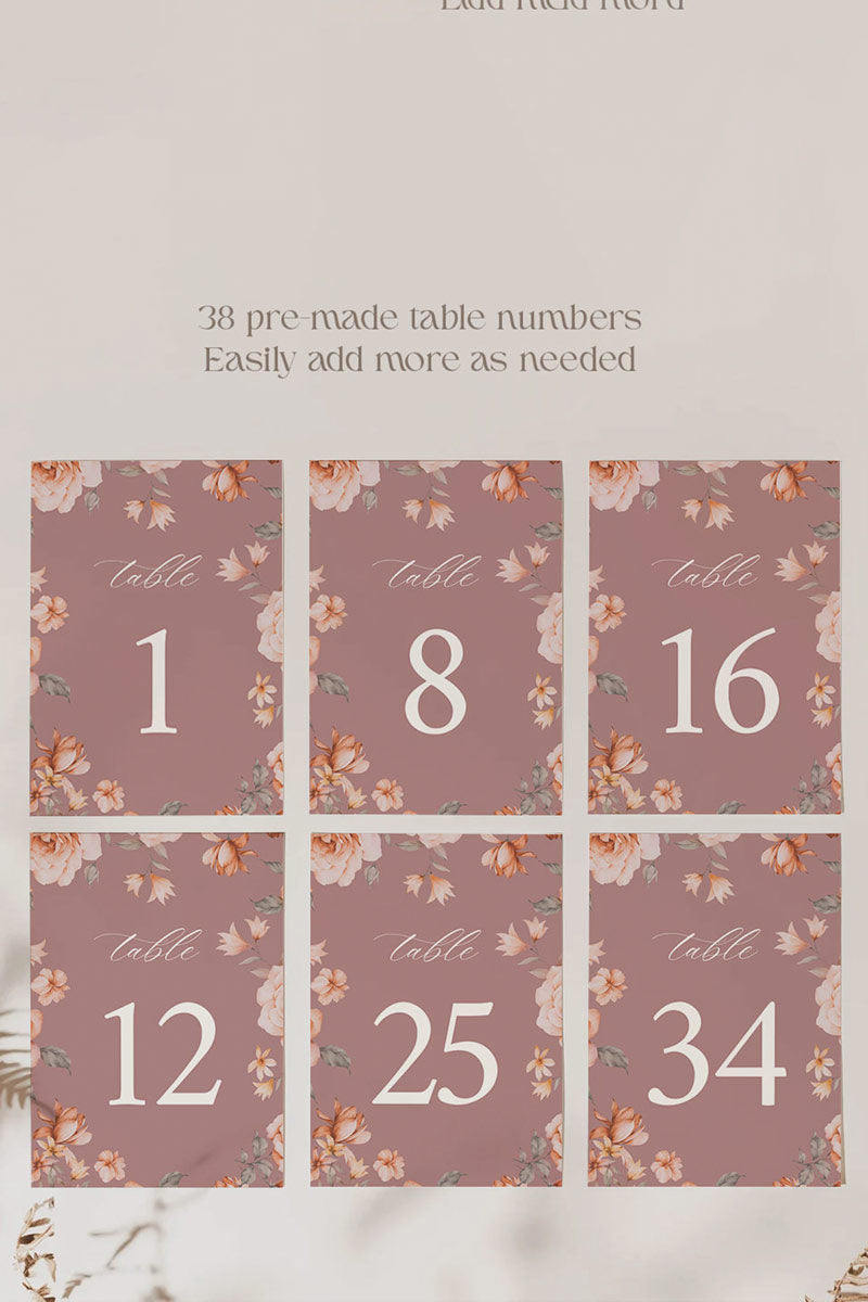 Floral Wedding Table Numbers. Event Table Numbers. Shades of Mauve, orange and beige. Orange roses. Baby Shower. Indian Wedding. Birthday and Celebration. Engagement Stationery. Wedding Stationery. DIY Stationery. Digital Download. Canva. Indian Weddings. Reception. Personalize. Customize. Anand Karaj, Mehndi, Sangeet, Haldi