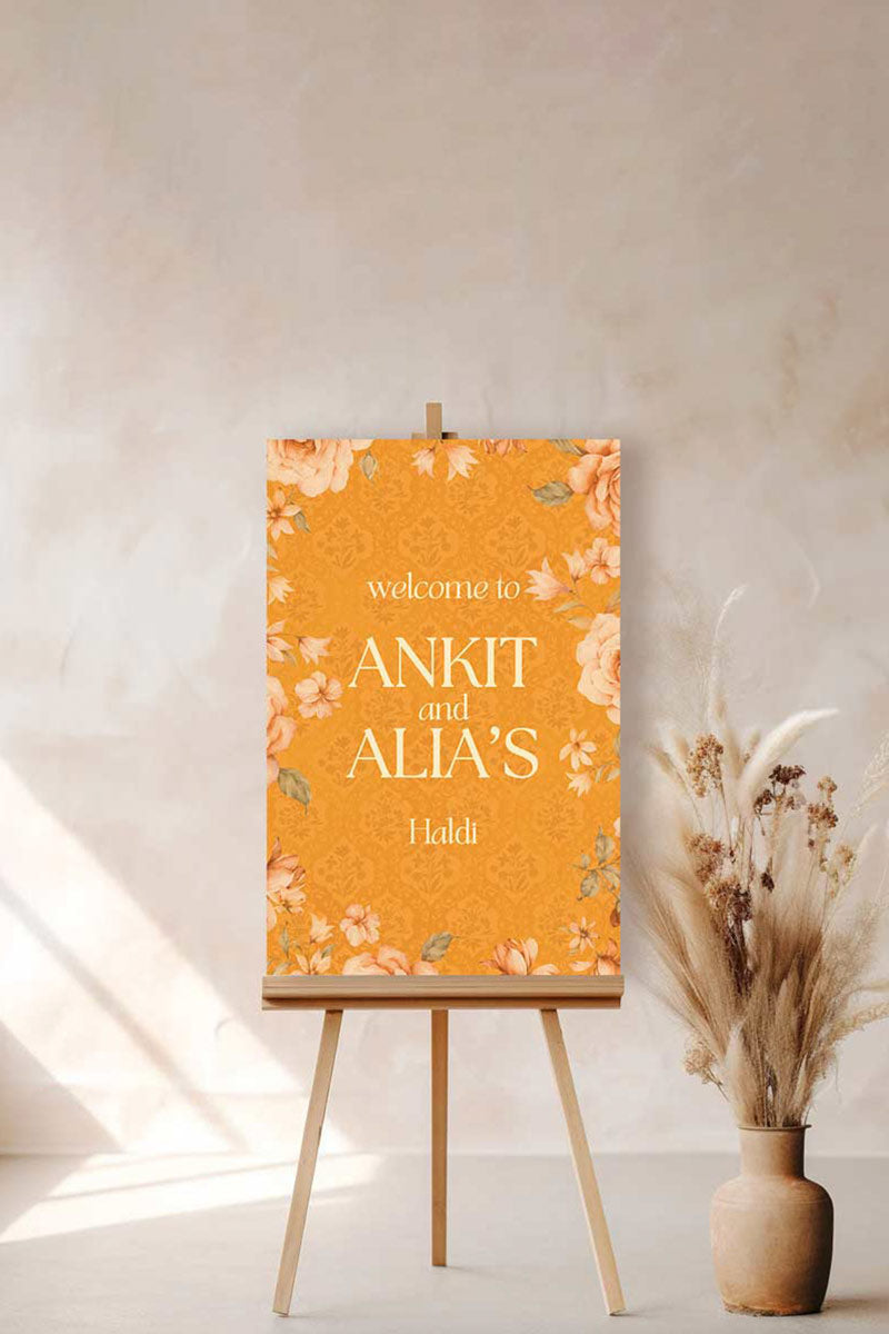 Floral Wedding Welcome Sign. Event Welcome Sign. Shades of Orange and yellow. Orange roses. Baby Shower. Indian Wedding. Birthday and Celebration. Engagement Stationery. Wedding Stationery. DIY Stationery. Digital Download. Canva. Indian Weddings. Reception. Personalize. Customize. Anand Karaj, Mehndi, Sangeet, Haldi
