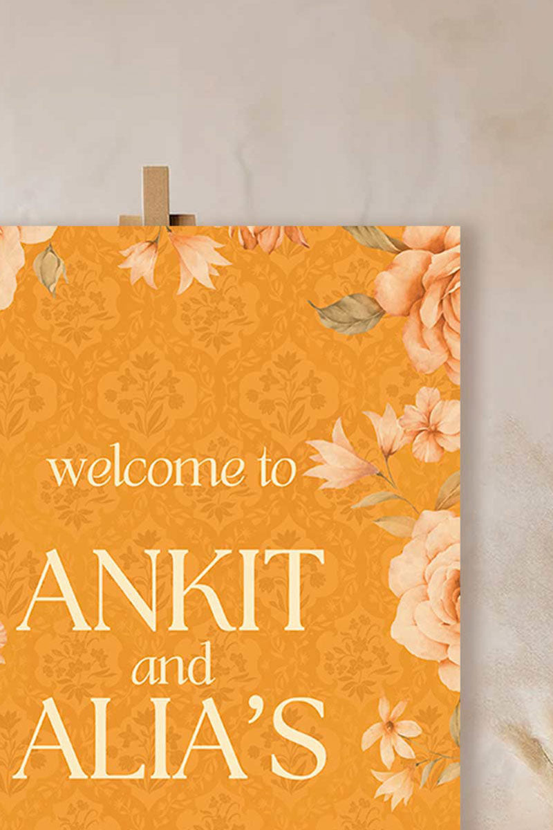 Floral Wedding Welcome Sign. Event Welcome Sign. Shades of Orange and yellow. Orange roses. Baby Shower. Indian Wedding. Birthday and Celebration. Engagement Stationery. Wedding Stationery. DIY Stationery. Digital Download. Canva. Indian Weddings. Reception. Personalize. Customize. Anand Karaj, Mehndi, Sangeet, Haldi