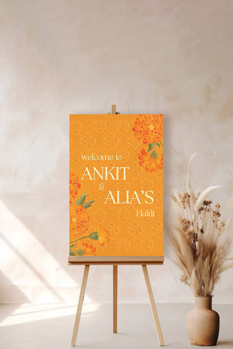 Floral Wedding Welcome Sign. Event Welcome Sign. Shades of Orange and yellow. Orange magnolio florals. Baby Shower. Indian Wedding. Birthday and Celebration. Engagement Stationery. Wedding Stationery. DIY Stationery. Digital Download. Canva. Indian Weddings. Reception. Personalize. Customize. Anand Karaj, Mehndi, Sangeet, Haldi