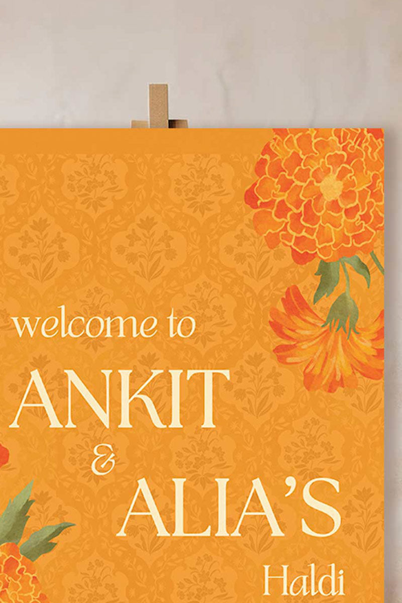 Floral Wedding Welcome Sign. Event Welcome Sign. Shades of Orange and yellow. Orange magnolio florals. Baby Shower. Indian Wedding. Birthday and Celebration. Engagement Stationery. Wedding Stationery. DIY Stationery. Digital Download. Canva. Indian Weddings. Reception. Personalize. Customize. Anand Karaj, Mehndi, Sangeet, Haldi