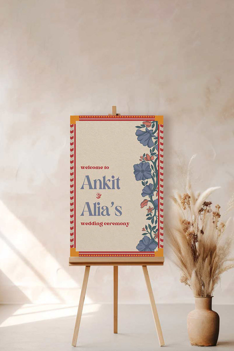 Retro Floral Wedding Welcome Sign. Event Welcome Sign. Shades of blue, red and beige. Blue florals. Baby Shower. Indian Wedding. Birthday and Celebration. Engagement Stationery. Wedding Stationery. DIY Stationery. Digital Download. Canva. Indian Weddings. Reception. Personalize. Customize. Anand Karaj, Mehndi, Sangeet, Haldi