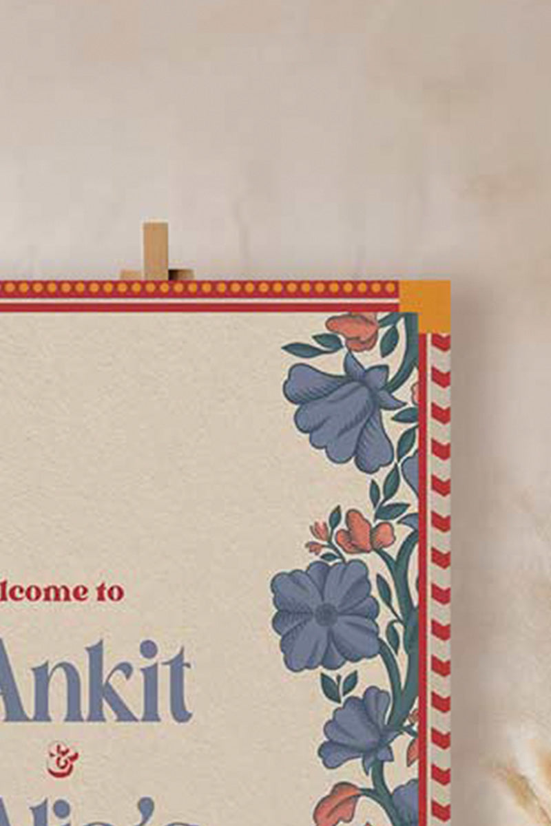 Retro Floral Wedding Welcome Sign. Event Welcome Sign. Shades of blue, red and beige. Blue florals. Baby Shower. Indian Wedding. Birthday and Celebration. Engagement Stationery. Wedding Stationery. DIY Stationery. Digital Download. Canva. Indian Weddings. Reception. Personalize. Customize. Anand Karaj, Mehndi, Sangeet, Haldi