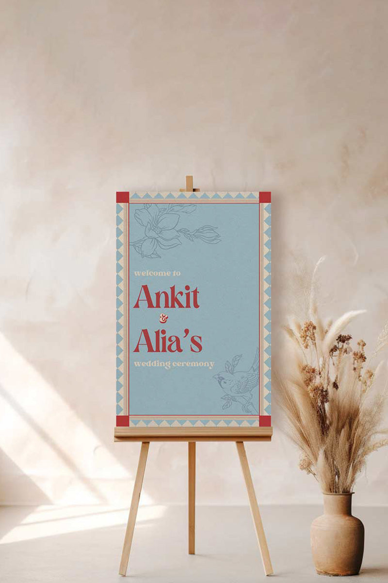 Retro Floral Wedding Welcome Sign. Event Welcome Sign. Shades of blue, red and beige. Baby Shower. Indian Wedding. Birthday and Celebration. Engagement Stationery. Wedding Stationery. DIY Stationery. Digital Download. Canva. Indian Weddings. Reception. Personalize. Customize. Anand Karaj, Mehndi, Sangeet, Haldi