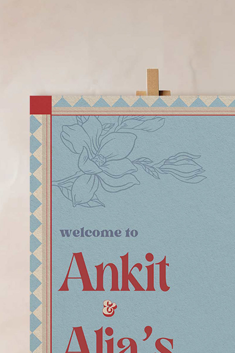 Retro Floral Wedding Welcome Sign. Event Welcome Sign. Shades of blue, red and beige. Baby Shower. Indian Wedding. Birthday and Celebration. Engagement Stationery. Wedding Stationery. DIY Stationery. Digital Download. Canva. Indian Weddings. Reception. Personalize. Customize. Anand Karaj, Mehndi, Sangeet, Haldi