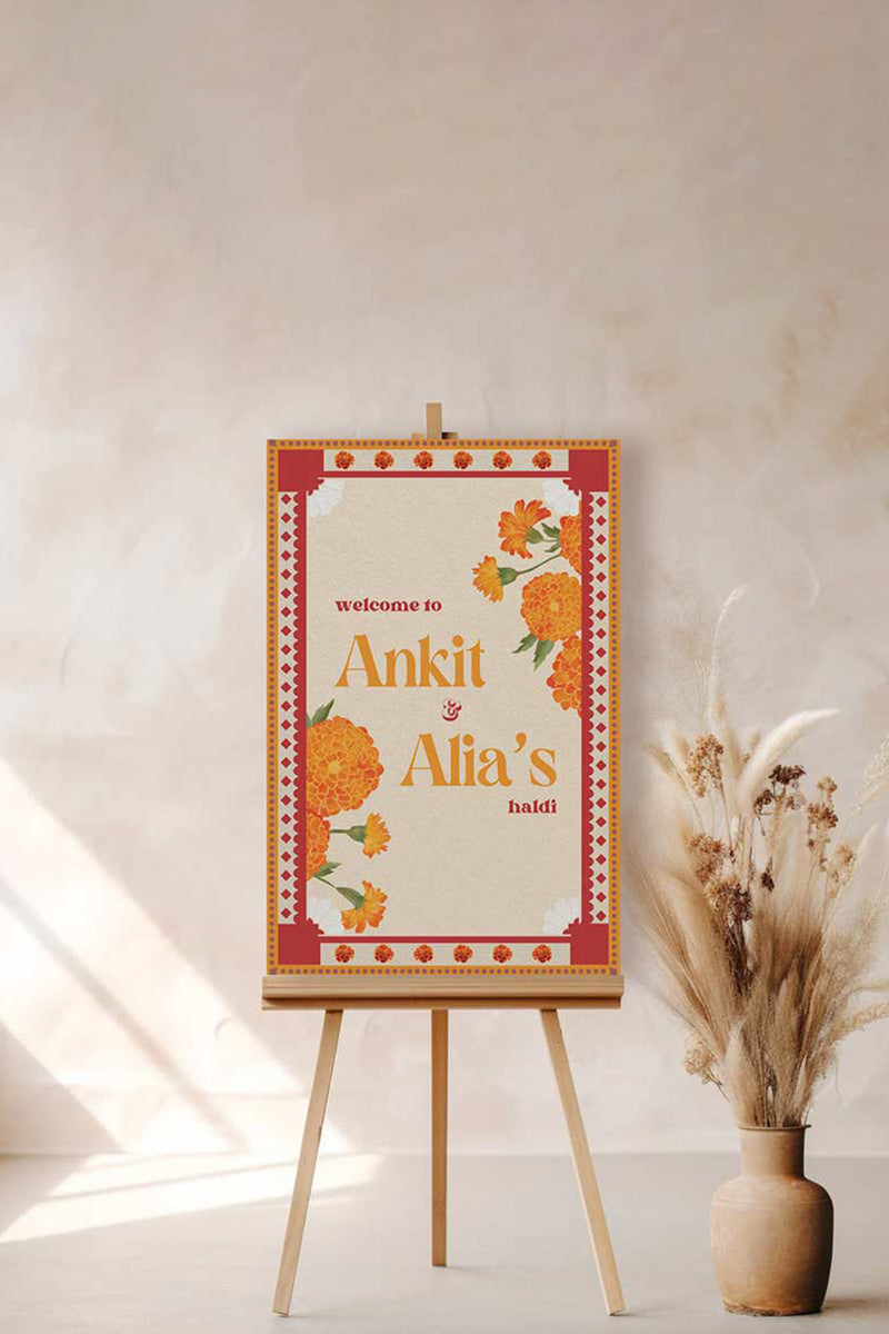 Retro Floral Wedding Welcome Sign. Event Welcome Sign. Shades of orange, red and beige. Baby Shower. Orange magnolia florals. Indian Wedding. Birthday and Celebration. Engagement Stationery. Wedding Stationery. DIY Stationery. Digital Download. Canva. Indian Weddings. Reception. Personalize. Customize. Anand Karaj, Mehndi, Sangeet, Haldi