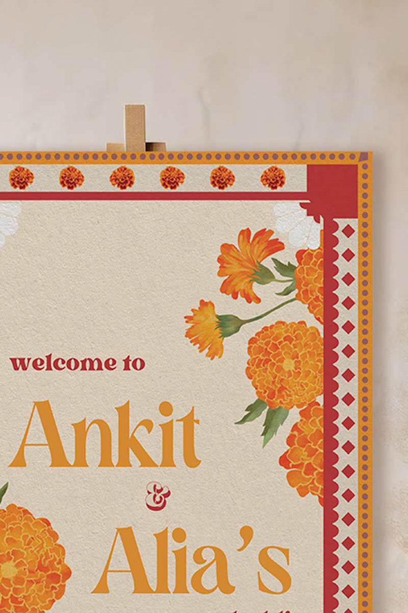 Retro Floral Wedding Welcome Sign. Event Welcome Sign. Shades of orange, red and beige. Baby Shower. Orange magnolia florals. Indian Wedding. Birthday and Celebration. Engagement Stationery. Wedding Stationery. DIY Stationery. Digital Download. Canva. Indian Weddings. Reception. Personalize. Customize. Anand Karaj, Mehndi, Sangeet, Haldi