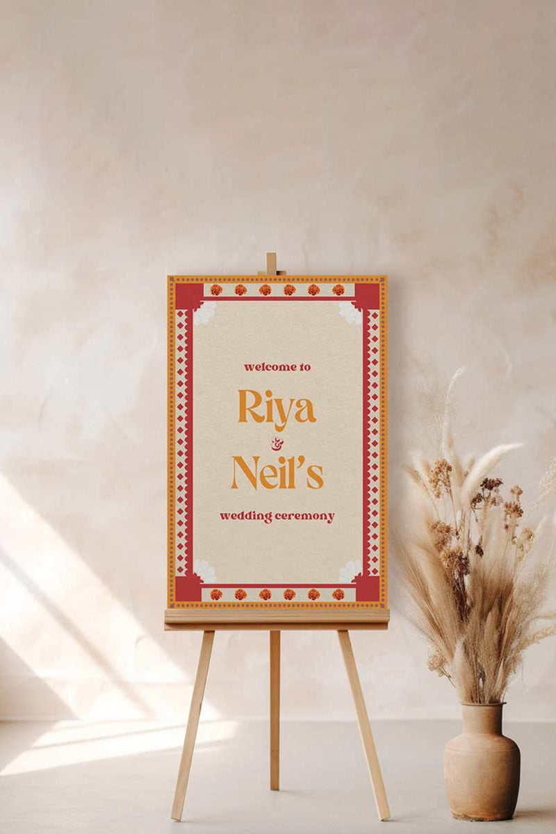 Retro Floral Wedding Welcome Sign. Event Welcome Sign. Shades of orange, red and beige. Baby Shower. Orange magnolia florals. Indian Wedding. Birthday and Celebration. Engagement Stationery. Wedding Stationery. DIY Stationery. Digital Download. Canva. Indian Weddings. Reception. Personalize. Customize. Anand Karaj, Mehndi, Sangeet, Haldi