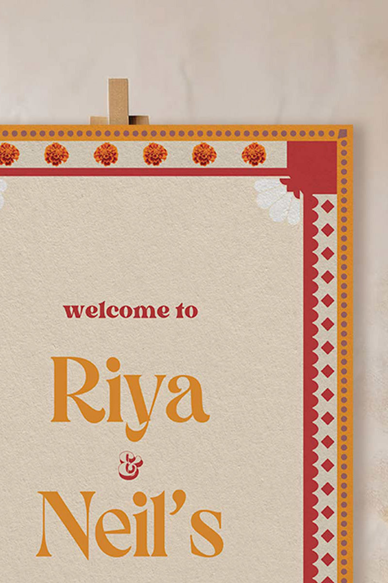 Retro Floral Wedding Welcome Sign. Event Welcome Sign. Shades of orange, red and beige. Baby Shower. Orange magnolia florals. Indian Wedding. Birthday and Celebration. Engagement Stationery. Wedding Stationery. DIY Stationery. Digital Download. Canva. Indian Weddings. Reception. Personalize. Customize. Anand Karaj, Mehndi, Sangeet, Haldi