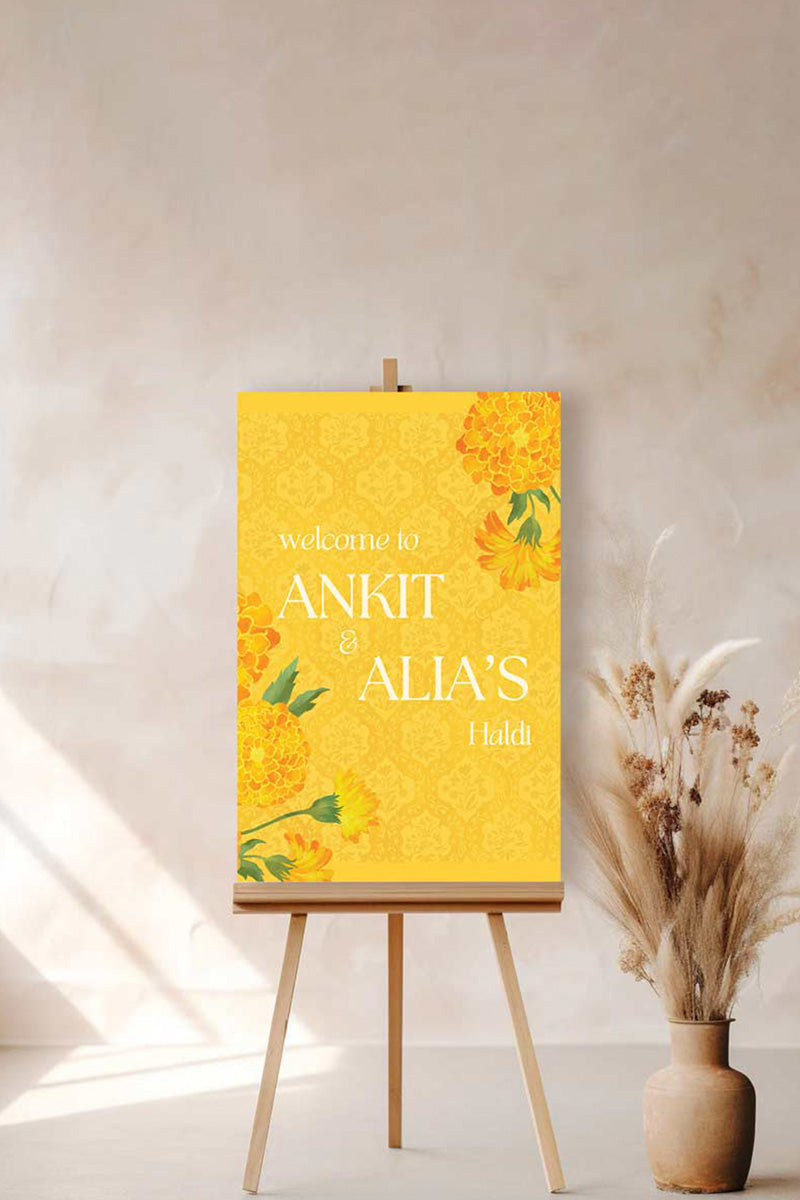 Retro Floral Wedding Welcome Sign. Event Welcome Sign. Shades of yellow. Baby Shower. Yellow magnolia florals. Indian Wedding. Birthday and Celebration. Engagement Stationery. Wedding Stationery. DIY Stationery. Digital Download. Canva. Indian Weddings. Reception. Personalize. Customize. Anand Karaj, Mehndi, Sangeet, Haldi
