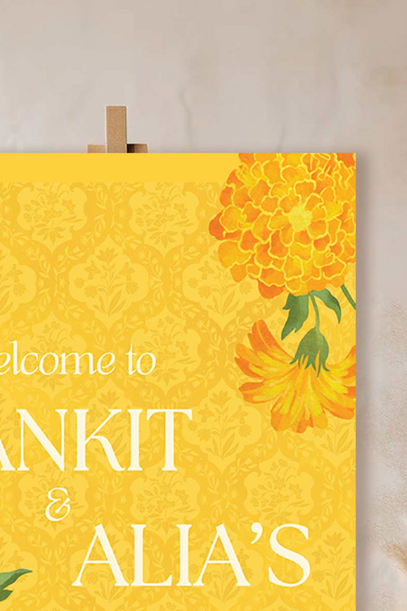 Retro Floral Wedding Welcome Sign. Event Welcome Sign. Shades of yellow. Baby Shower. Yellow magnolia florals. Indian Wedding. Birthday and Celebration. Engagement Stationery. Wedding Stationery. DIY Stationery. Digital Download. Canva. Indian Weddings. Reception. Personalize. Customize. Anand Karaj, Mehndi, Sangeet, Haldi