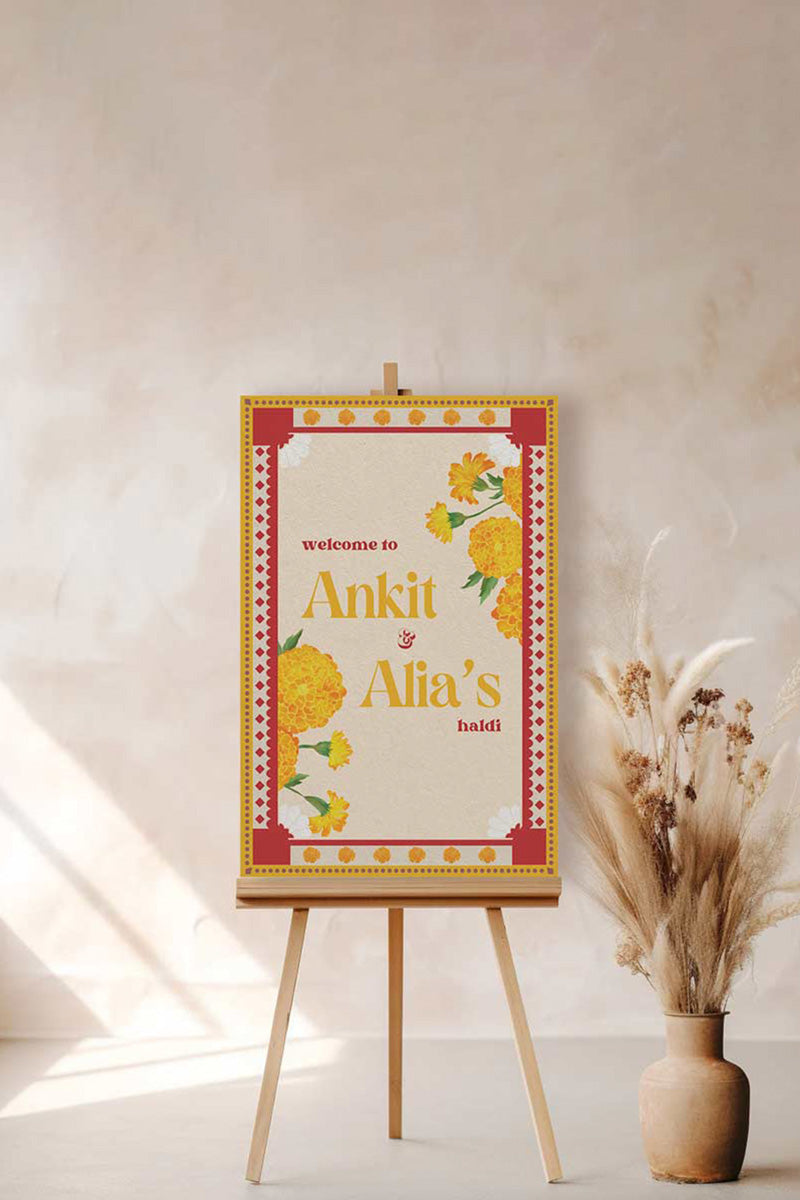 Retro Floral Wedding Welcome Sign. Event Welcome Sign. Shades of yellow, red and beige. Baby Shower. Yellow magnolia florals. Indian Wedding. Birthday and Celebration. Engagement Stationery. Wedding Stationery. DIY Stationery. Digital Download. Canva. Indian Weddings. Reception. Personalize. Customize. Anand Karaj, Mehndi, Sangeet, Haldi