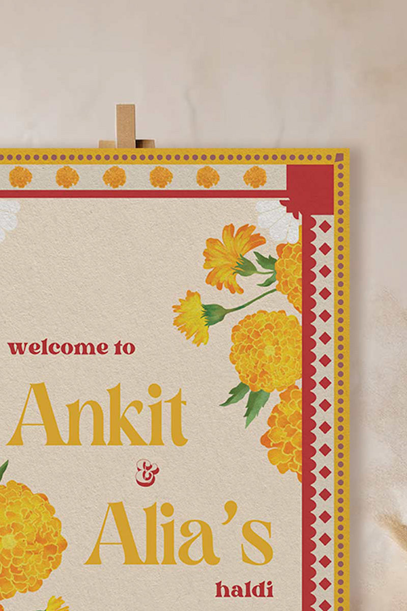 Retro Floral Wedding Welcome Sign. Event Welcome Sign. Shades of yellow, red and beige. Baby Shower. Yellow magnolia florals. Indian Wedding. Birthday and Celebration. Engagement Stationery. Wedding Stationery. DIY Stationery. Digital Download. Canva. Indian Weddings. Reception. Personalize. Customize. Anand Karaj, Mehndi, Sangeet, Haldi