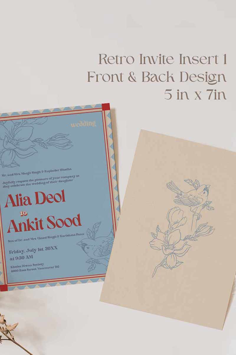 Retro Wedding Invitation Set. Event invite set. Shades of blue, red and orange. Baby Shower. Birthday and Celebration. Engagement Stationery. Wedding Stationery. DIY Stationery. Digital Download. Canva. Indian Weddings. Reception. Personalize. Customize. Anand Karaj, Mehndi, Sangeet, Haldi