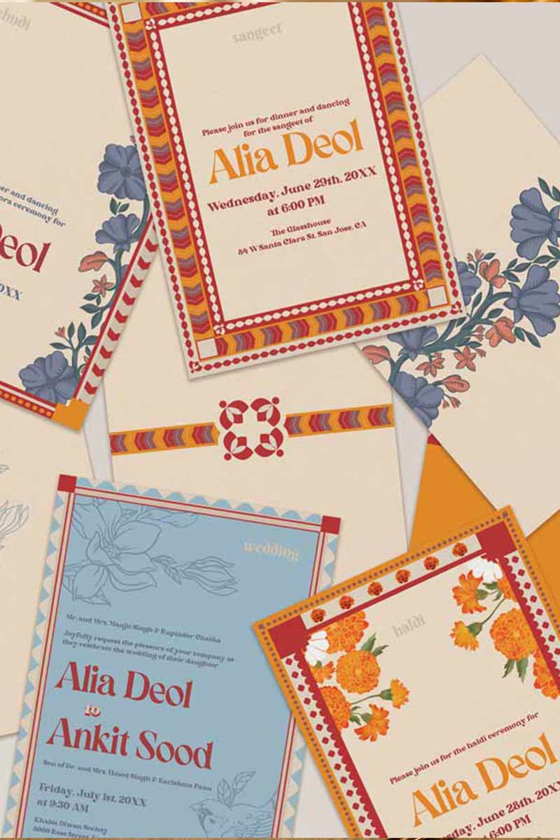 Retro Wedding Invitation Set. Event invite set. Shades of blue, red and orange. Baby Shower. Birthday and Celebration. Engagement Stationery. Wedding Stationery. DIY Stationery. Digital Download. Canva. Indian Weddings. Reception. Personalize. Customize. Anand Karaj, Mehndi, Sangeet, Haldi