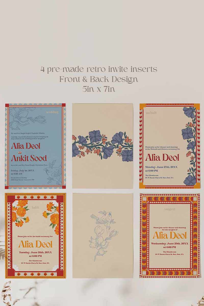 Retro Wedding Invitation Set. Event invite set. Shades of blue, red and orange. Baby Shower. Birthday and Celebration. Engagement Stationery. Wedding Stationery. DIY Stationery. Digital Download. Canva. Indian Weddings. Reception. Personalize. Customize. Anand Karaj, Mehndi, Sangeet, Haldi