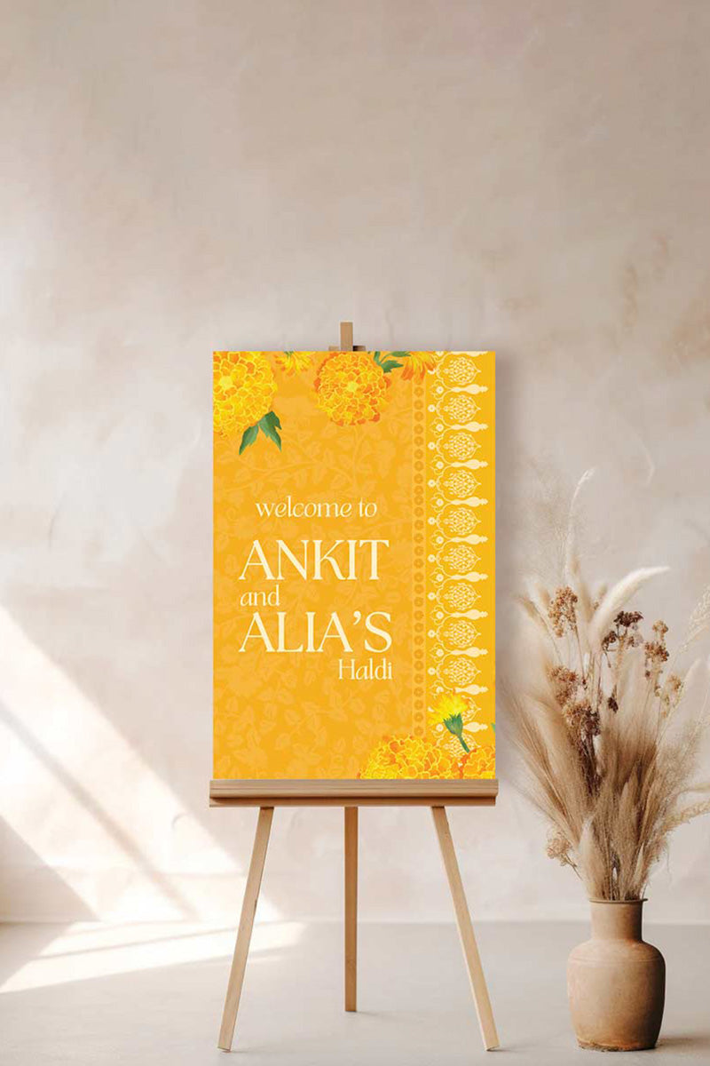 Floral Wedding Welcome Sign. Event Welcome Sign. Shades of yellow. Baby Shower. Yellow magnolia florals. Indian Wedding. Birthday and Celebration. Engagement Stationery. Wedding Stationery. DIY Stationery. Digital Download. Canva. Indian Weddings. Reception. Personalize. Customize. Anand Karaj, Mehndi, Sangeet, Haldi