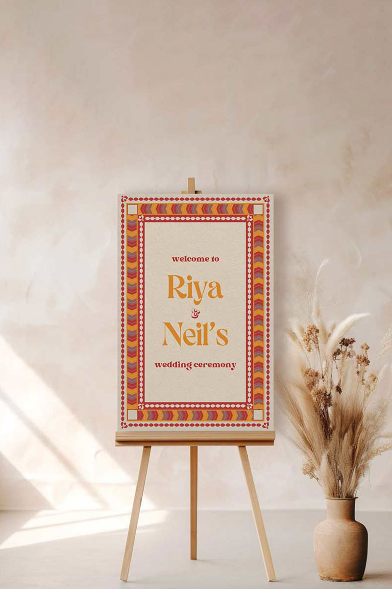 Retro Wedding Welcome Sign. Event Welcome Sign. Shades of red, orange, and yellow. Chevron Pattern. Baby Shower. Birthday and Celebration. Engagement Stationery. Wedding Stationery. DIY Stationery. Digital Download. Canva. Indian Weddings. Reception. Personalize. Customize. Anand Karaj, Mehndi, Sangeet, Haldi