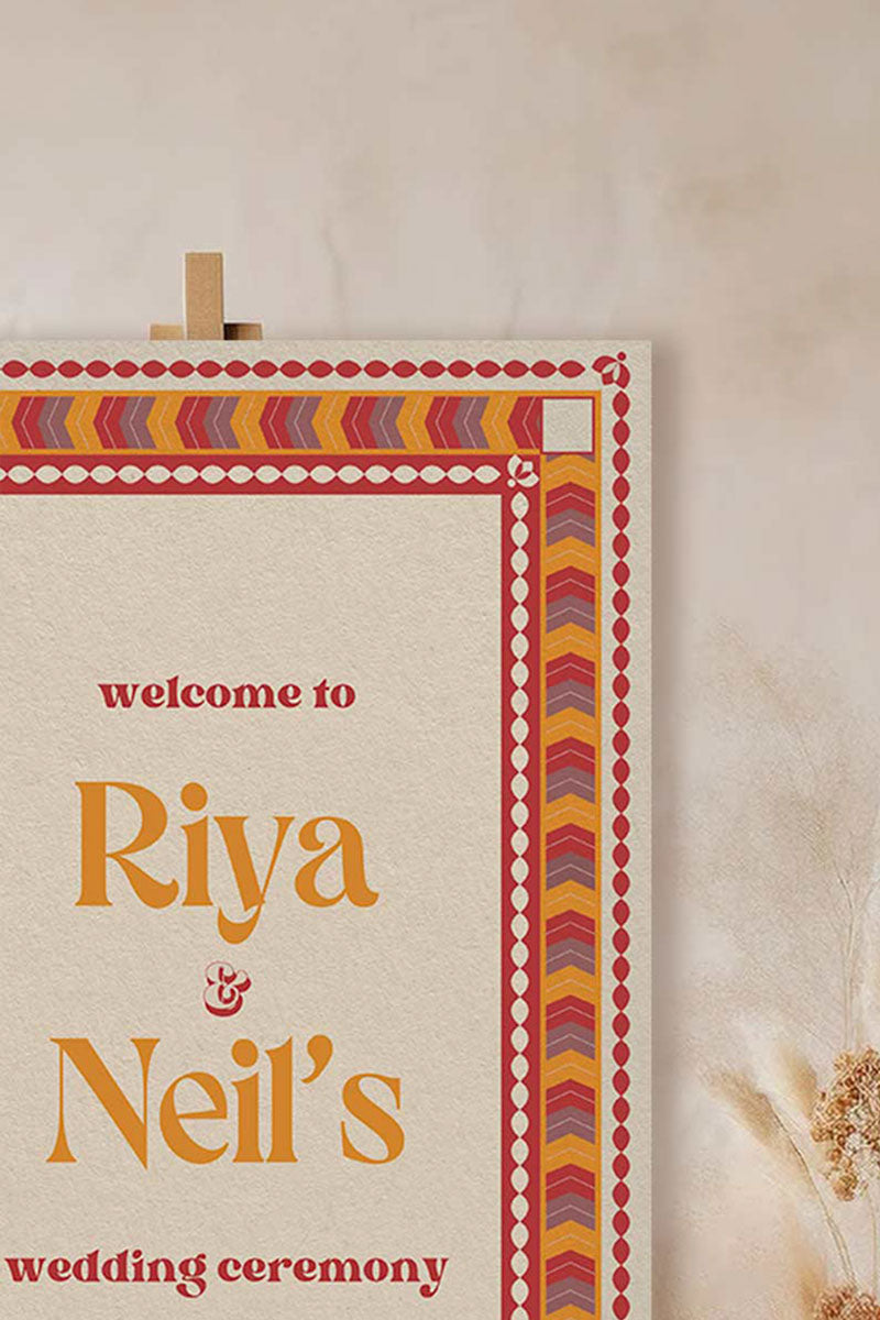 Retro Wedding Welcome Sign. Event Welcome Sign. Shades of red, orange, and yellow. Chevron Pattern. Baby Shower. Birthday and Celebration. Engagement Stationery. Wedding Stationery. DIY Stationery. Digital Download. Canva. Indian Weddings. Reception. Personalize. Customize. Anand Karaj, Mehndi, Sangeet, Haldi