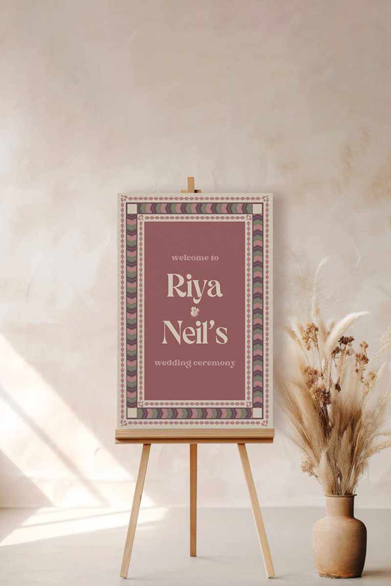 Retro Wedding Welcome Sign. Event Welcome Sign. Shades of purple, green and beige. Chevron Pattern. Baby Shower. Birthday and Celebration. Engagement Stationery. Wedding Stationery. DIY Stationery. Digital Download. Canva. Indian Weddings. Reception. Personalize. Customize. Anand Karaj, Mehndi, Sangeet, Haldi