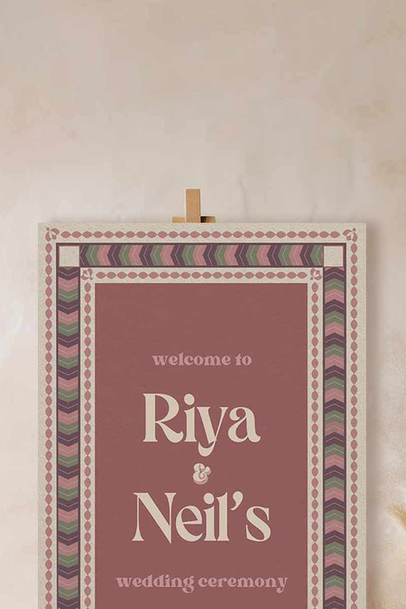 Retro Wedding Welcome Sign. Event Welcome Sign. Shades of purple, green and beige. Chevron Pattern. Baby Shower. Birthday and Celebration. Engagement Stationery. Wedding Stationery. DIY Stationery. Digital Download. Canva. Indian Weddings. Reception. Personalize. Customize. Anand Karaj, Mehndi, Sangeet, Haldi