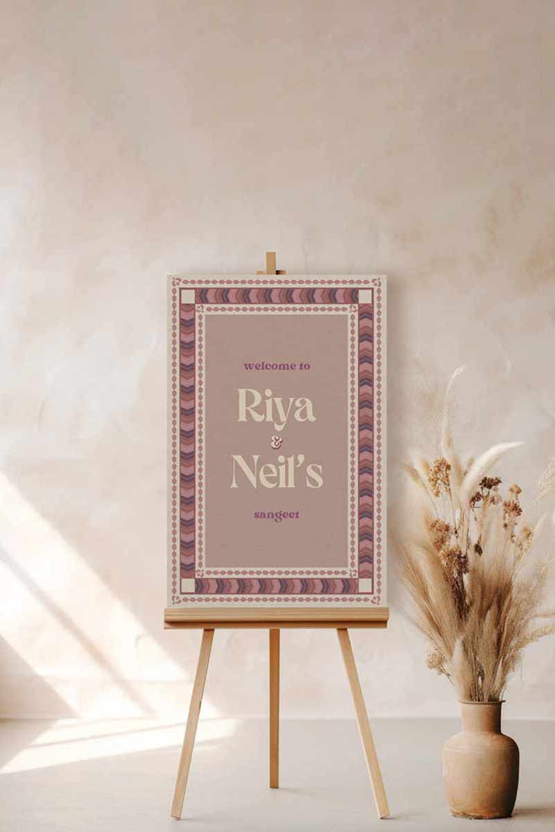Retro Wedding Welcome Sign. Event Welcome Sign. Shades of purple, mauve and beige. Chevron Pattern. Baby Shower. Birthday and Celebration. Engagement Stationery. Wedding Stationery. DIY Stationery. Digital Download. Canva. Indian Weddings. Reception. Personalize. Customize. Anand Karaj, Mehndi, Sangeet, Haldi