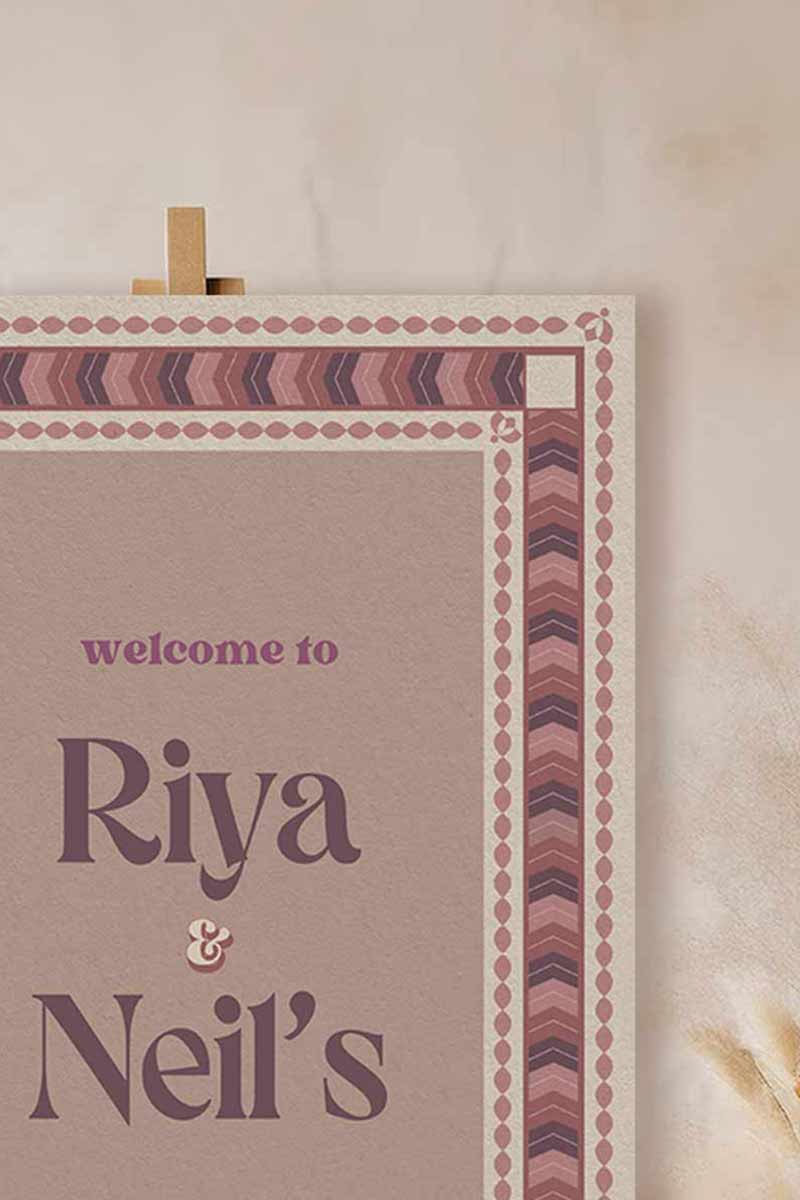 Retro Wedding Welcome Sign. Event Welcome Sign. Shades of purple, mauve and beige. Chevron Pattern. Baby Shower. Birthday and Celebration. Engagement Stationery. Wedding Stationery. DIY Stationery. Digital Download. Canva. Indian Weddings. Reception. Personalize. Customize. Anand Karaj, Mehndi, Sangeet, Haldi