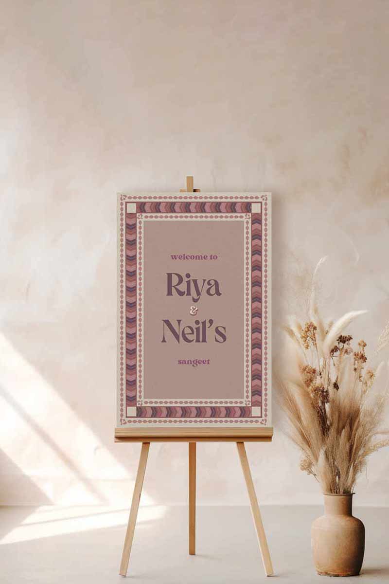 Retro Wedding Welcome Sign. Event Welcome Sign. Shades of purple, mauve and beige. Chevron Pattern. Baby Shower. Birthday and Celebration. Engagement Stationery. Wedding Stationery. DIY Stationery. Digital Download. Canva. Indian Weddings. Reception. Personalize. Customize. Anand Karaj, Mehndi, Sangeet, Haldi