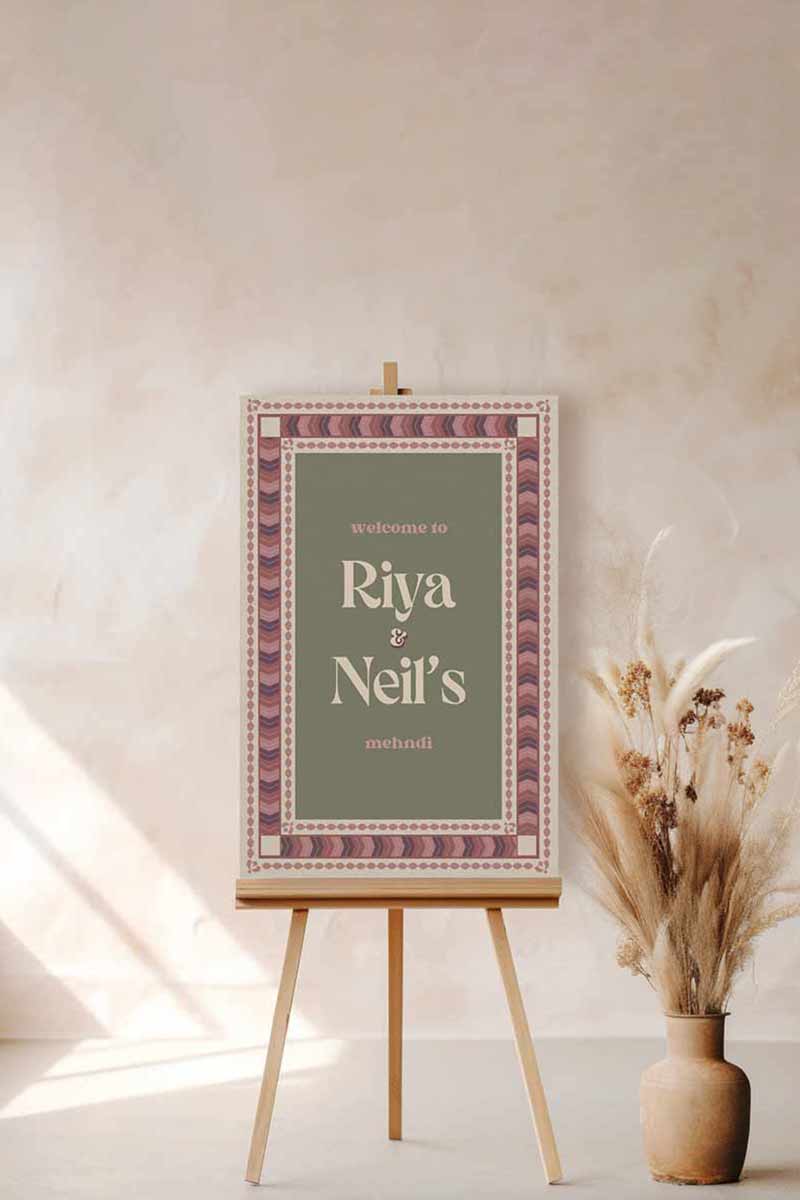 Retro Wedding Welcome Sign. Event Welcome Sign. Shades of purple, green and beige. Chevron Pattern. Baby Shower. Birthday and Celebration. Engagement Stationery. Wedding Stationery. DIY Stationery. Digital Download. Canva. Indian Weddings. Reception. Personalize. Customize. Anand Karaj, Mehndi, Sangeet, Haldi