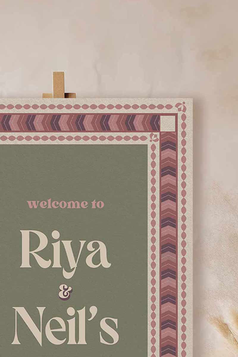 Retro Wedding Welcome Sign. Event Welcome Sign. Shades of purple, green and beige. Chevron Pattern. Baby Shower. Birthday and Celebration. Engagement Stationery. Wedding Stationery. DIY Stationery. Digital Download. Canva. Indian Weddings. Reception. Personalize. Customize. Anand Karaj, Mehndi, Sangeet, Haldi