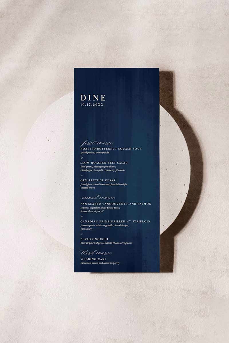 Elegant Wedding Dinner Menu. Event Food Menu. Navy blue texture. Cursive font. Baby Shower. Birthday and Celebration. Engagement Stationery. Wedding Stationery. DIY Stationery. Digital Download. Canva. Indian Weddings. Reception. Personalize. Customize.