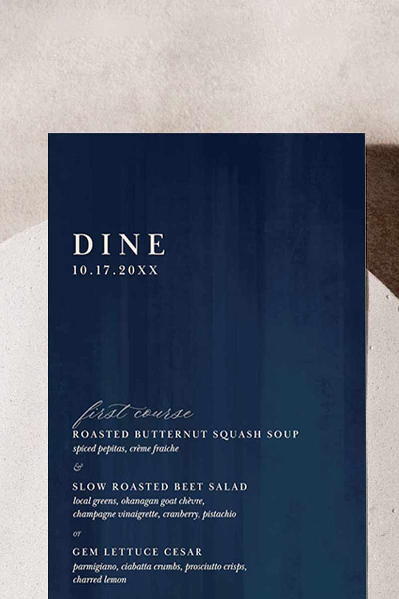 Elegant Wedding Dinner Menu. Event Food Menu. Navy blue texture. Cursive font. Baby Shower. Birthday and Celebration. Engagement Stationery. Wedding Stationery. DIY Stationery. Digital Download. Canva. Indian Weddings. Reception. Personalize. Customize.