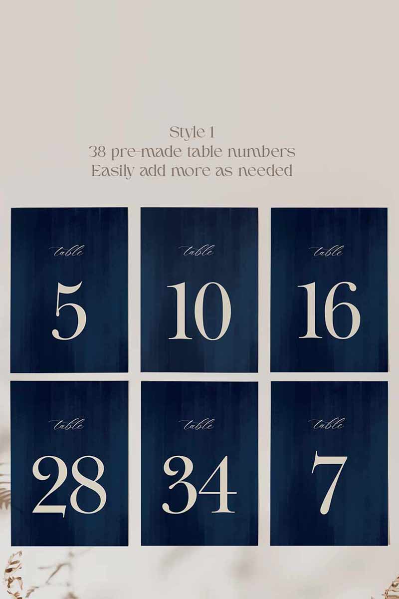 Elegant Wedding Table Numbers. Event Table Numbers. Navy blue texture. Serif font. Baby Shower. Birthday and Celebration. Engagement Stationery. Wedding Stationery. DIY Stationery. Digital Download. Canva. Indian Weddings. Reception. Personalize. Customize.