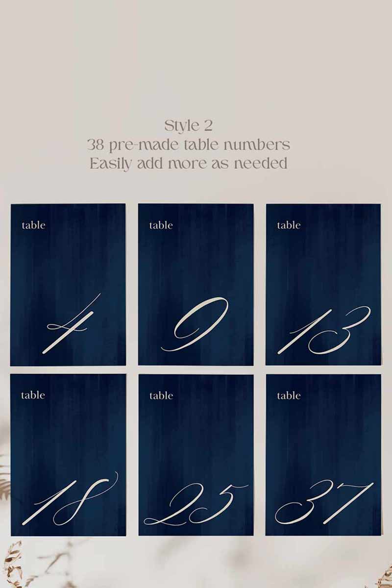 Elegant Wedding Table Numbers. Event Table Numbers. Navy blue texture. Cursive font. Baby Shower. Birthday and Celebration. Engagement Stationery. Wedding Stationery. DIY Stationery. Digital Download. Canva. Indian Weddings. Reception. Personalize. Customize.