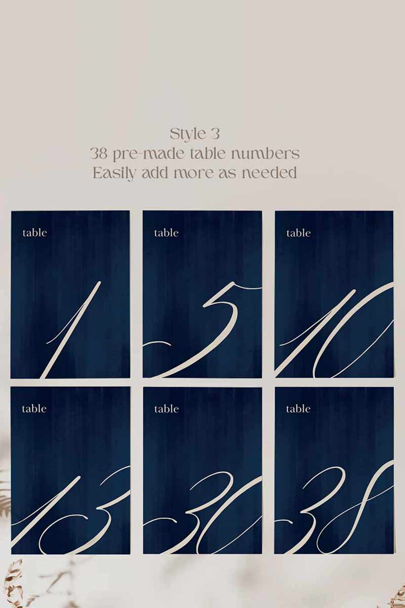 Elegant Wedding Table Numbers. Event Table Numbers. Navy blue texture. Cursive font. Baby Shower. Birthday and Celebration. Engagement Stationery. Wedding Stationery. DIY Stationery. Digital Download. Canva. Indian Weddings. Reception. Personalize. Customize.