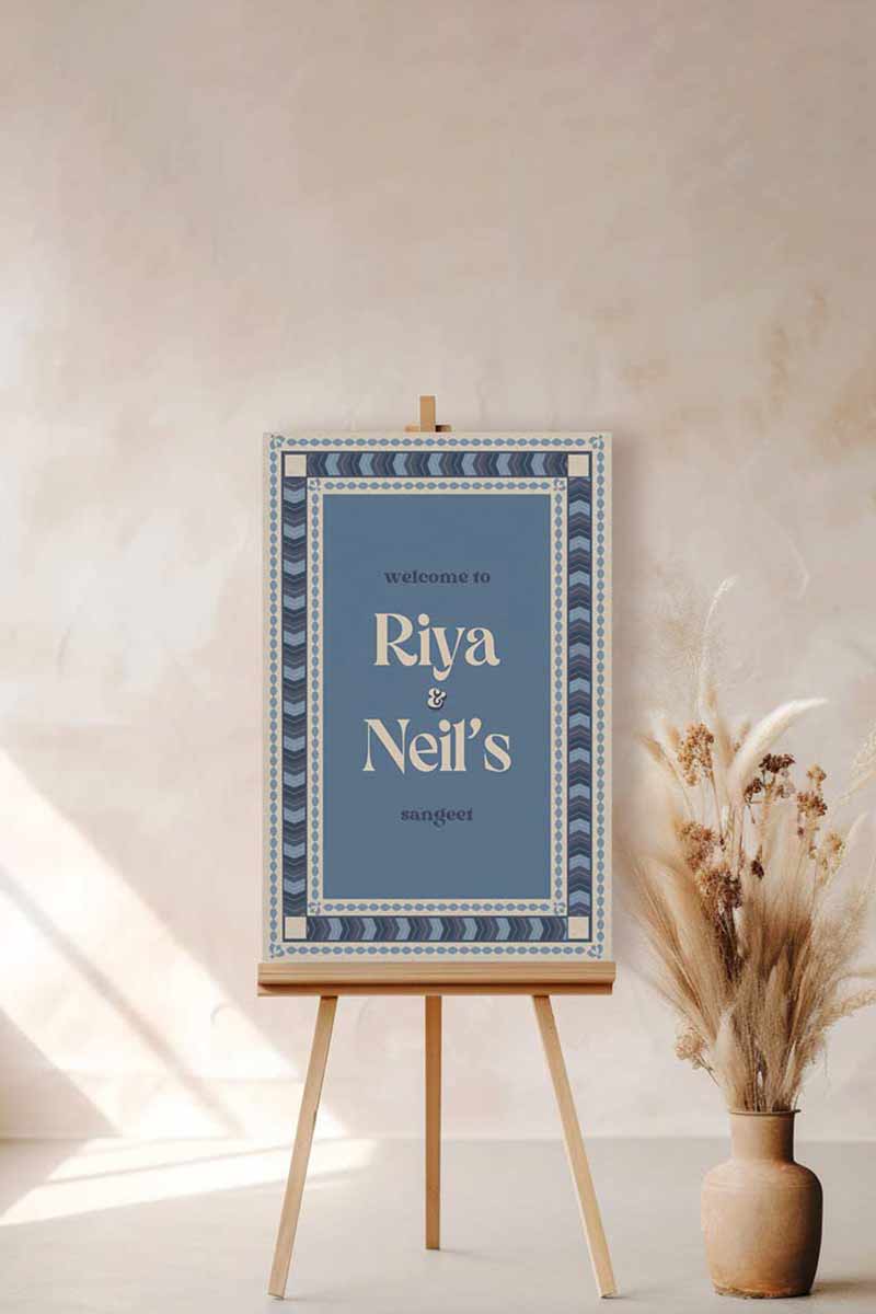 Wedding Invitations. Retro Welcome Sign. Indian Wedding Invites. Event Welcome Sign. Shades of Blue & beige. Chevron pattern. Baby Shower. Birthday and Celebration. Wedding Ceremony. Engagement Sign. Wedding Stationery. DIY Stationery. Digital Download. Canva. Indian Weddings. Anand Karaj. Sangeet. Chunni. Mehndi, Haldi. Personalize. Customize.