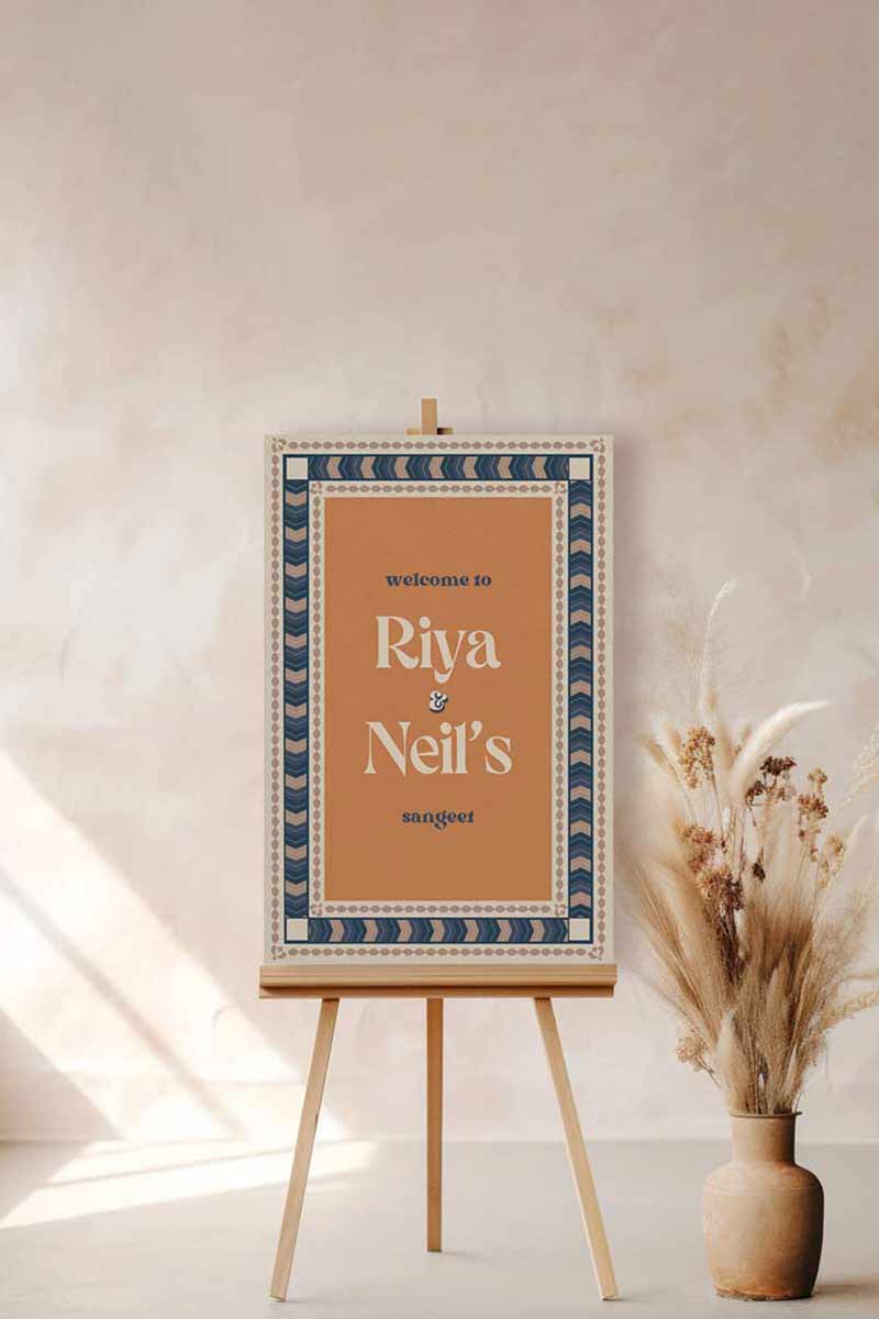 Wedding Invitations. Retro Welcome Sign. Indian Wedding Invites. Event Welcome Sign. Blue, Orange, and beige colours. Chevron pattern. Birthday and Celebration. Wedding Ceremony. Engagement Sign. Wedding Stationery. DIY Stationery. Digital Download. Canva. Indian Weddings. Anand Karaj. Sangeet. Chunni. Mehndi, Haldi. Personalize. Customize.