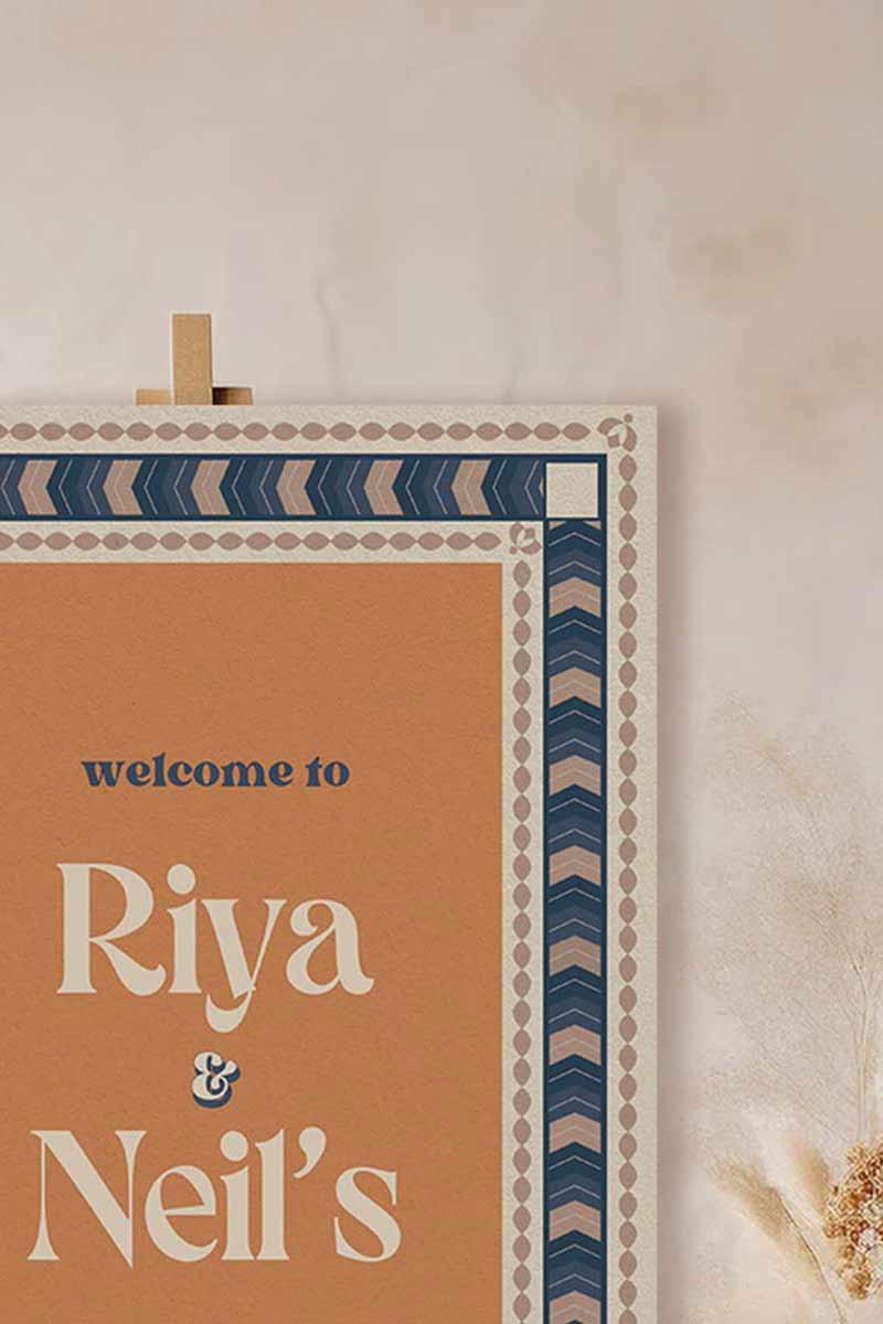 Wedding Invitations. Retro Welcome Sign. Indian Wedding Invites. Event Welcome Sign. Blue, Orange, and beige colours. Chevron pattern. Birthday and Celebration. Wedding Ceremony. Engagement Sign. Wedding Stationery. DIY Stationery. Digital Download. Canva. Indian Weddings. Anand Karaj. Sangeet. Chunni. Mehndi, Haldi. Personalize. Customize.