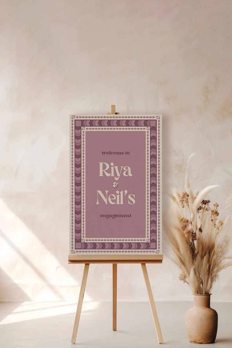 Wedding Invitations. Retro Welcome Sign. Indian Wedding Invites. Event Welcome Sign. Wine Purple, and beige colours. Chevron pattern. Birthday and Celebration. Wedding Ceremony. Engagement Sign. Wedding Stationery. DIY Stationery. Digital Download. Canva. Indian Weddings. Anand Karaj. Sangeet. Chunni. Mehndi, Haldi. Personalize. Customize.