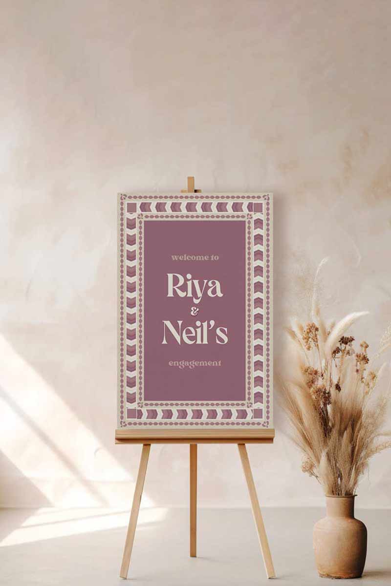 Wedding Invitations. Retro Welcome Sign. Indian Wedding Invites. Event Welcome Sign. Wine Purple, and beige colours. Chevron pattern. Birthday and Celebration. Wedding Ceremony. Engagement Sign. Wedding Stationery. DIY Stationery. Digital Download. Canva. Indian Weddings. Anand Karaj. Sangeet. Chunni. Mehndi, Haldi. Personalize. Customize.
