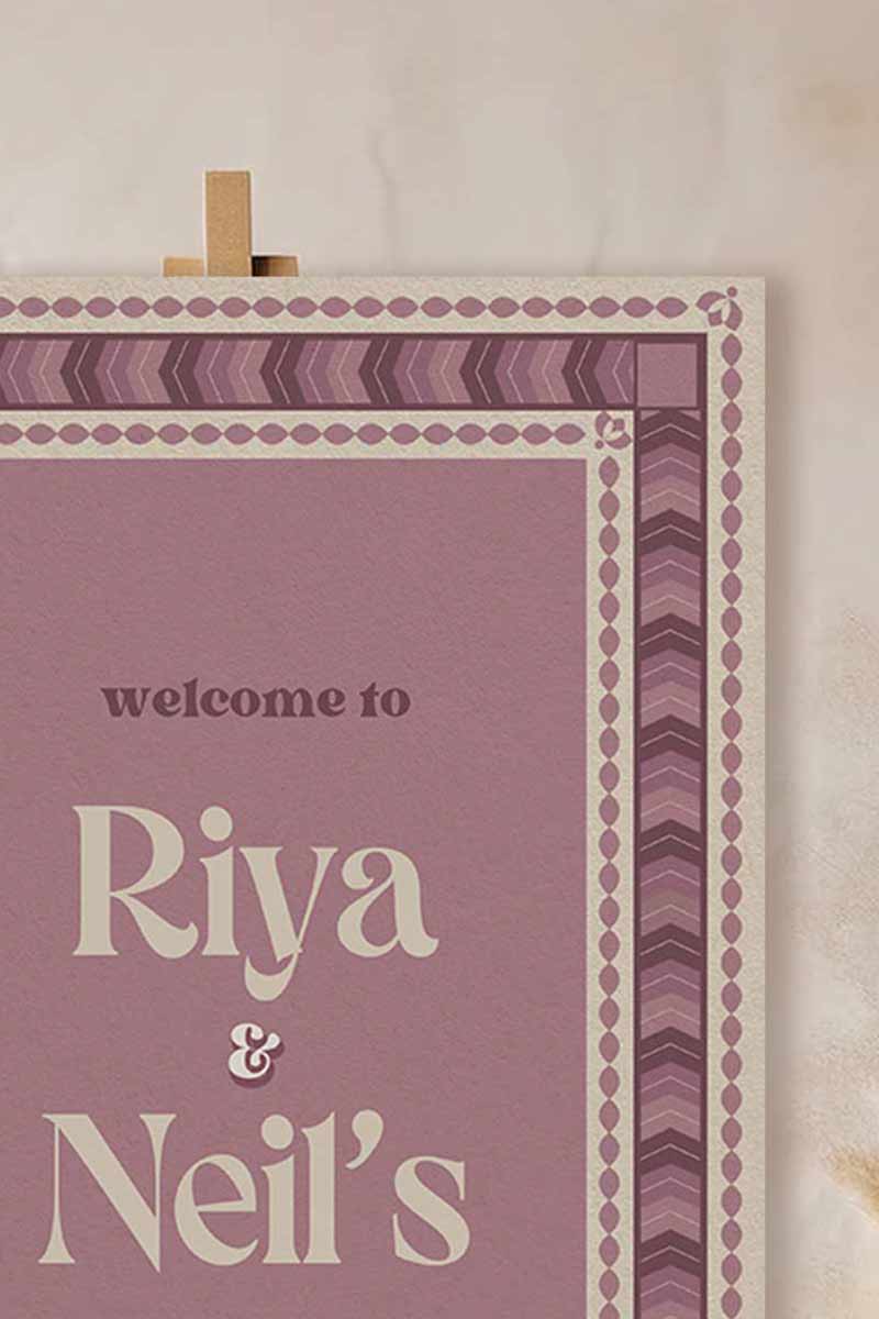 Wedding Invitations. Retro Welcome Sign. Indian Wedding Invites. Event Welcome Sign. Wine Purple, and beige colours. Chevron pattern. Birthday and Celebration. Wedding Ceremony. Engagement Sign. Wedding Stationery. DIY Stationery. Digital Download. Canva. Indian Weddings. Anand Karaj. Sangeet. Chunni. Mehndi, Haldi. Personalize. Customize.
