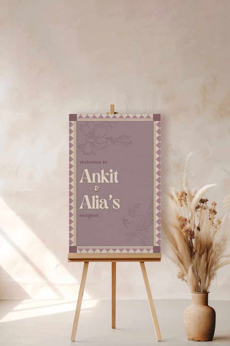Wedding Invitations. Retro Welcome Sign. Indian Wedding Invites. Event Welcome Sign. Wine Purple, and beige colours. Purple florals and bird. Birthday and Celebration. Wedding Ceremony. Engagement Sign. Wedding Stationery. DIY Stationery. Digital Download. Canva. Indian Weddings. Anand Karaj. Sangeet. Chunni. Mehndi, Haldi. Personalize. Customize.