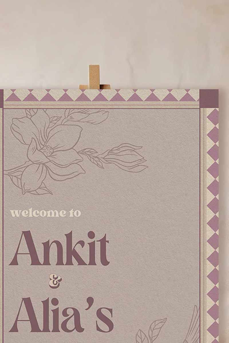 Wedding Invitations. Retro Welcome Sign. Indian Wedding Invites. Event Welcome Sign. Wine Purple, and beige colours. Purple florals and bird. Birthday and Celebration. Wedding Ceremony. Engagement Sign. Wedding Stationery. DIY Stationery. Digital Download. Canva. Indian Weddings. Anand Karaj. Sangeet. Chunni. Mehndi, Haldi. Personalize. Customize.