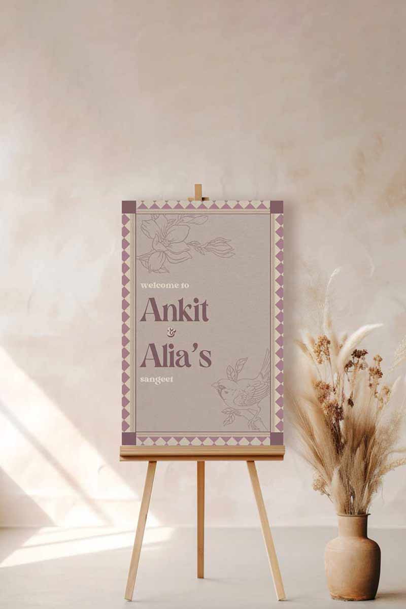Wedding Invitations. Retro Welcome Sign. Indian Wedding Invites. Event Welcome Sign. Wine Purple, and beige colours. Purple florals and bird. Birthday and Celebration. Wedding Ceremony. Engagement Sign. Wedding Stationery. DIY Stationery. Digital Download. Canva. Indian Weddings. Anand Karaj. Sangeet. Chunni. Mehndi, Haldi. Personalize. Customize.